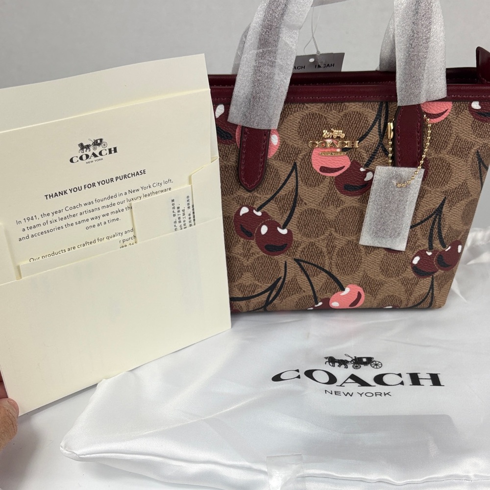 COACH Brown Signature Canvas Mini Tote with Cherry Print and Red Trim - New NWT - Picture 3 of 3